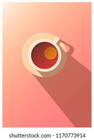 Flat cup of tea with lemon slice inside. Minimalistic cup of tea with long shadow on gradient vector background. View from above. Poster illustration. 
