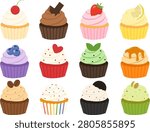 Flat Cupcake Collection Set of 12 Colorful Bakery Desserts Vector Illustration