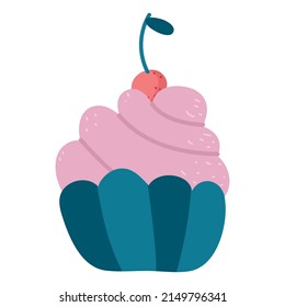 Flat cupcake with cream. Cartoon festive cake for a wedding, birthday,  isolated. Holiday sweets.  Hand drawn celebrate element vector illustration