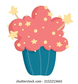 Flat cupcake with cream. Cartoon festive cake for a wedding, birthday,  isolated. Holiday sweets.  Hand drawn celebrate element vector illustration