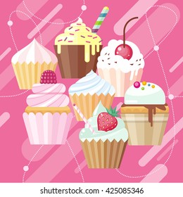 Flat cupcakes vector set.