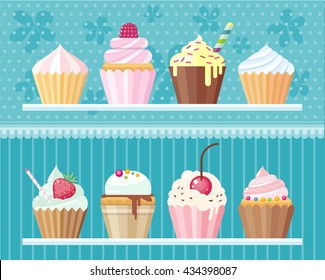 Flat cupcakes vector set.