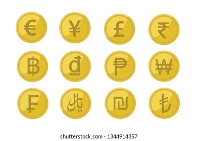 Flat currency coin set in vector illustration style.