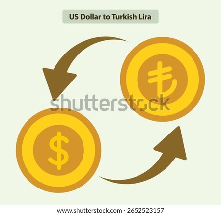 Flat currency exchange vector showing US dollar and Turkish lira coin icons with bidirectional arrows, modern icon for forex trading and international banking design