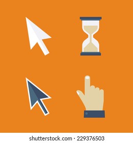 Flat cursors icons: arrow, hand, hourglass, mouse. Modern design vector for web