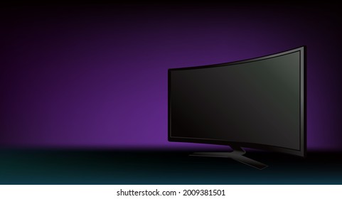 Flat curved TV on dark color background. Wide screen television technology