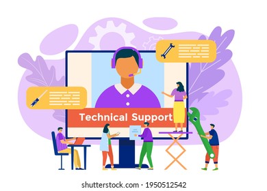 Trabajo de servicio al cliente plano, llamada de operador de soporte, ilustración vectorial. Ayuda por tecnología telefónica, hombre mujer personaje contacto asistente en línea