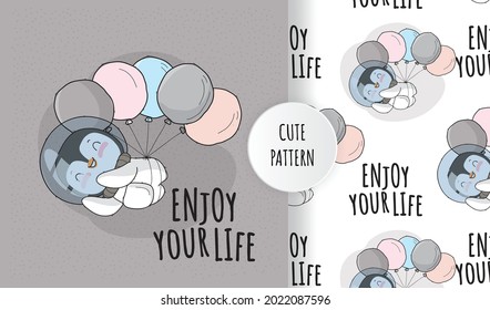 Flat cute animal astronaut panda flying with balloon  pattern set