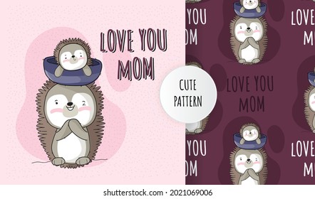 Flat cute animal baby hedgehog with mom pattern set