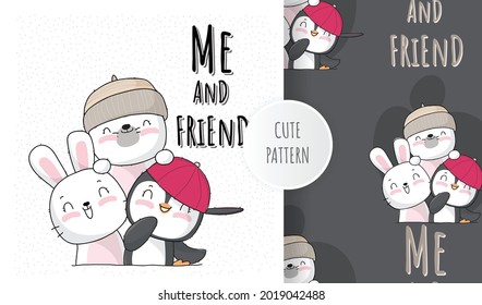 Flat cute animal bunny with best friend illustration for kids