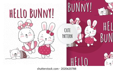 Flat cute animal bunny with best friend illustration for kids