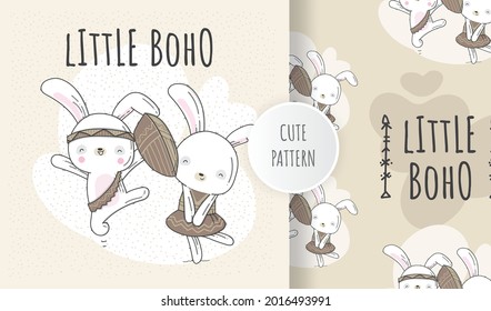 Flat cute animal bunny boho style illustration for kids