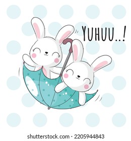 Flat cute animal bunny flying with umbrella illustration for kids. Cute bunny character

