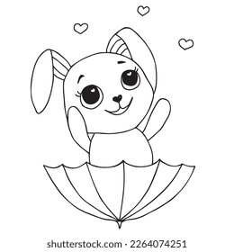 Flat cute animal bunny flying with umbrella illustration for kids. Cute bunny