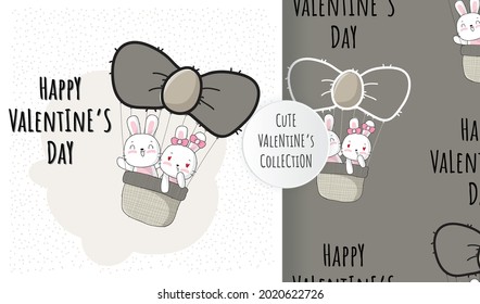 Flat cute animal bunny happy flying with balloon pattern set