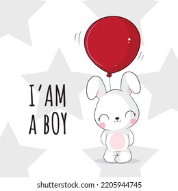 Flat cute animal bunny with red balloon illustration for kids. Cute bunny character
