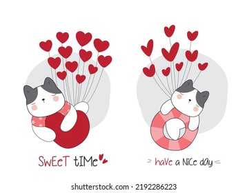 Flat cute animal cat flying with a love balloon illustration for kids
