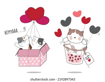 Flat cute animal cat flying with love red balloon illustration for kids
