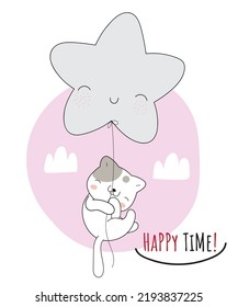 Flat cute animal  cat  flying with big star illustration for kids
