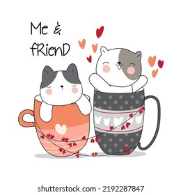 Flat cute animal cat with friend on coffee cup illustration for kids
