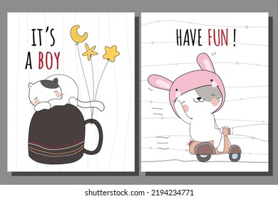 Flat cute animal cat on bicycle illustration for kids. Cute cat character
