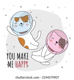 Un lindo gato animal plano en la ilustración espacial para los niños. Carácter de gato curado
