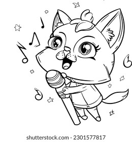 Flat cute animal cat singing illustration for kids. Cute cat character.
