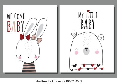 Flat cute animal collection bunny and bear illustration for kids  Cute bunny character  cute bear character
