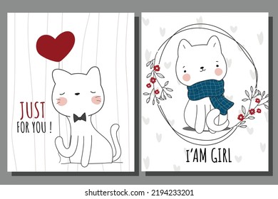 Flat cute animal collection cat with flower illustration for kids. Cute cat character
