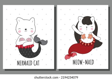 Flat cute animal collection cat mermaid illustration for kids. Cute cat character

