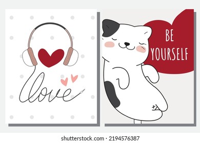 Un lindo gato de colección de animales y una ilustración de auriculares para los niños. Carácter de gato curado
