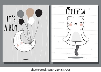 Flat cute animal collection cat yoga and moon  illustration for kids. Cute cat character

