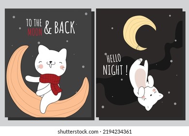 Flat cute animal collection lovely cat on the moon illustration for kids. Cute cat character
