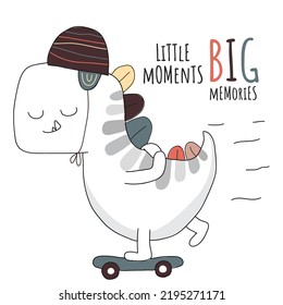 Flat cute animal dinosaurs with skateboard  illustration for kids. Cute dino character
