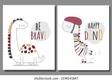 Flat cute animal dinosaurs with skateboard  illustration for kids. Cute dino character
