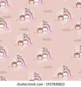 Flat cute animal giraffe cartoon seamless pattern for kids
