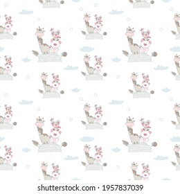 Flat cute animal giraffe cartoon seamless pattern for kids