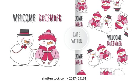 Flat cute animal happiness December illustration with pattern set