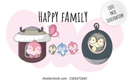  Flat cute animal happy  family birds illustrations for kids
