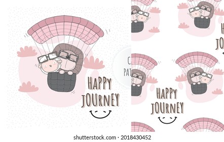 Flat cute animal happy flying on the sky  illustration with pattern set