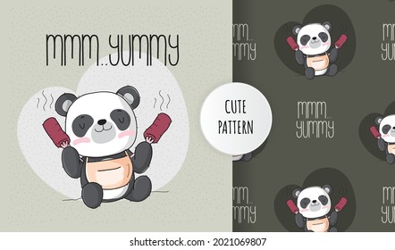 Flat cute animal happy panda eating pattern set