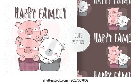 Flat cute animal happy pig family illustration for kids