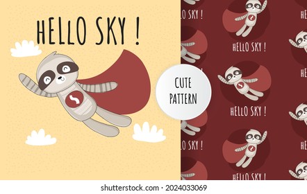 Flat cute animal hero sloth character  pattern set. Vector slot illustration. 