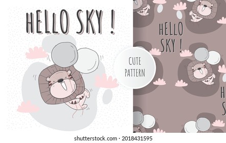 Flat cute animal lion flying with balloon pattern set illustration