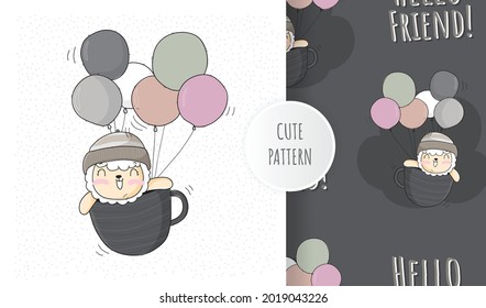 Flat cute animal llama happy flying with balloon pattern set illustration