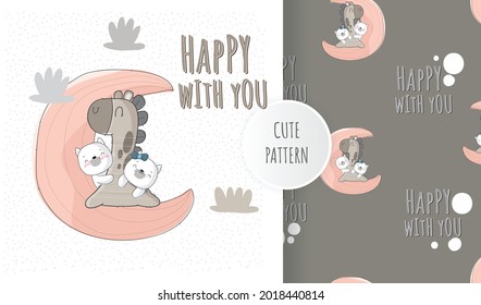 Flat cute animal on the moon pattern set illustration