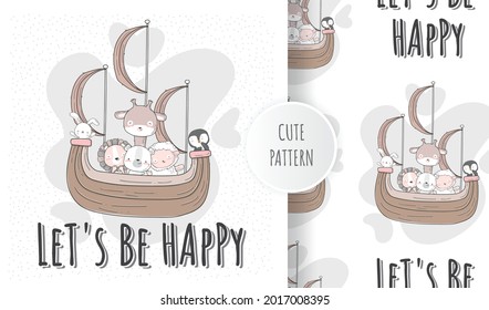 Flat cute animal on the ship illustration for kids