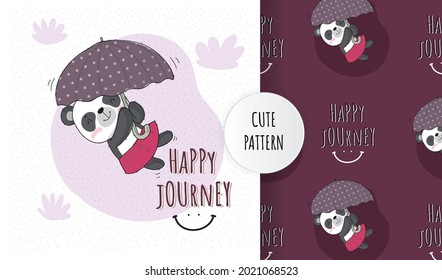 Flat cute animal panda happy flying with umbrella pattern set
