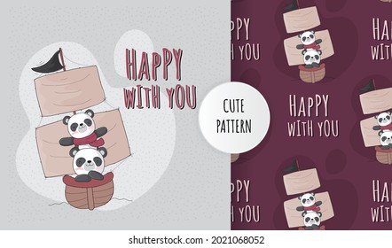 Flat cute animal panda on sailing boat  pattern set