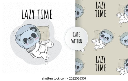 Flat cute animal panda sleeping on the space pattern set